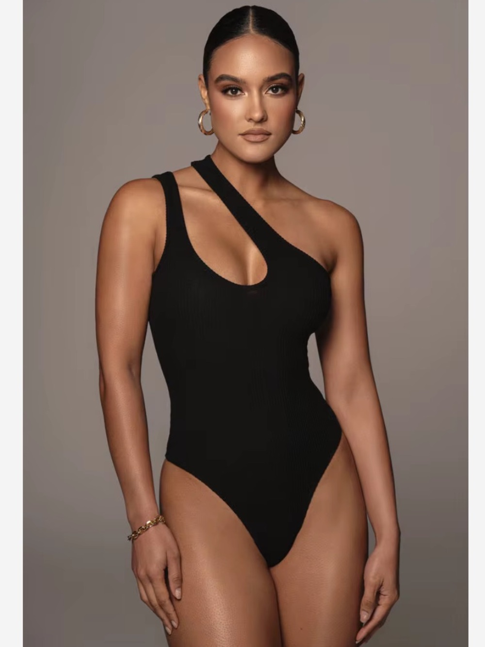 Jluxlabel Asymmetrical Cutout Ribbed Bodysuit in Black - Good Condition